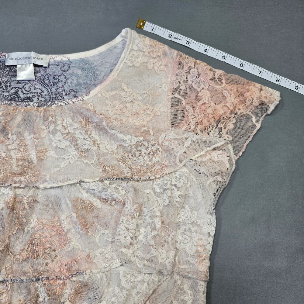 Christopher Banks Cream Tan Shirt Paisley Preppy Ruffle Cap Sleeve Women Size M - Picture 5 of 11